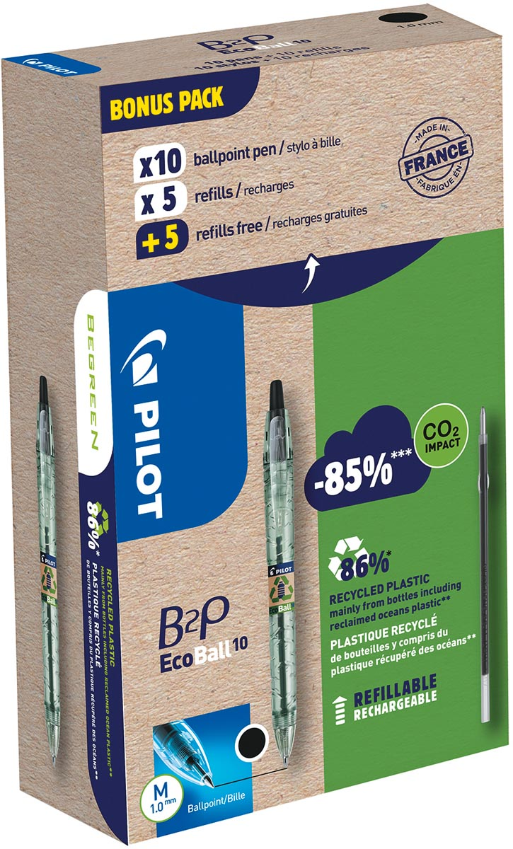 Pilot Ecoball balpen B2P BeGreen medium, 10 + 10 vullingen, zwart