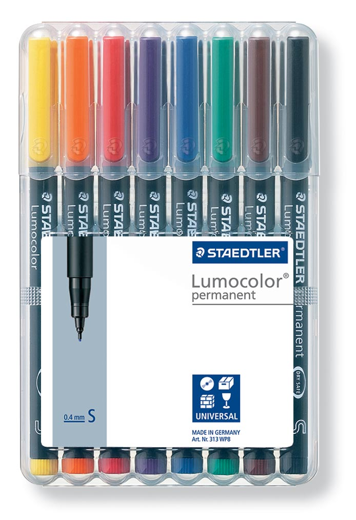 Staedtler Lumocoler 313, OHP-marker, permanent, 0,4 mm, etui van 8 stuks in geassorteerde kleuren
