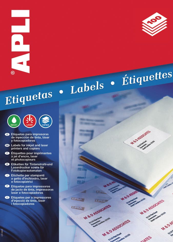 Apli etiketten ft 63,5 x 38,1 mm (b x h), ronde hoeken, 525 stuks, 21 per blad (1992)