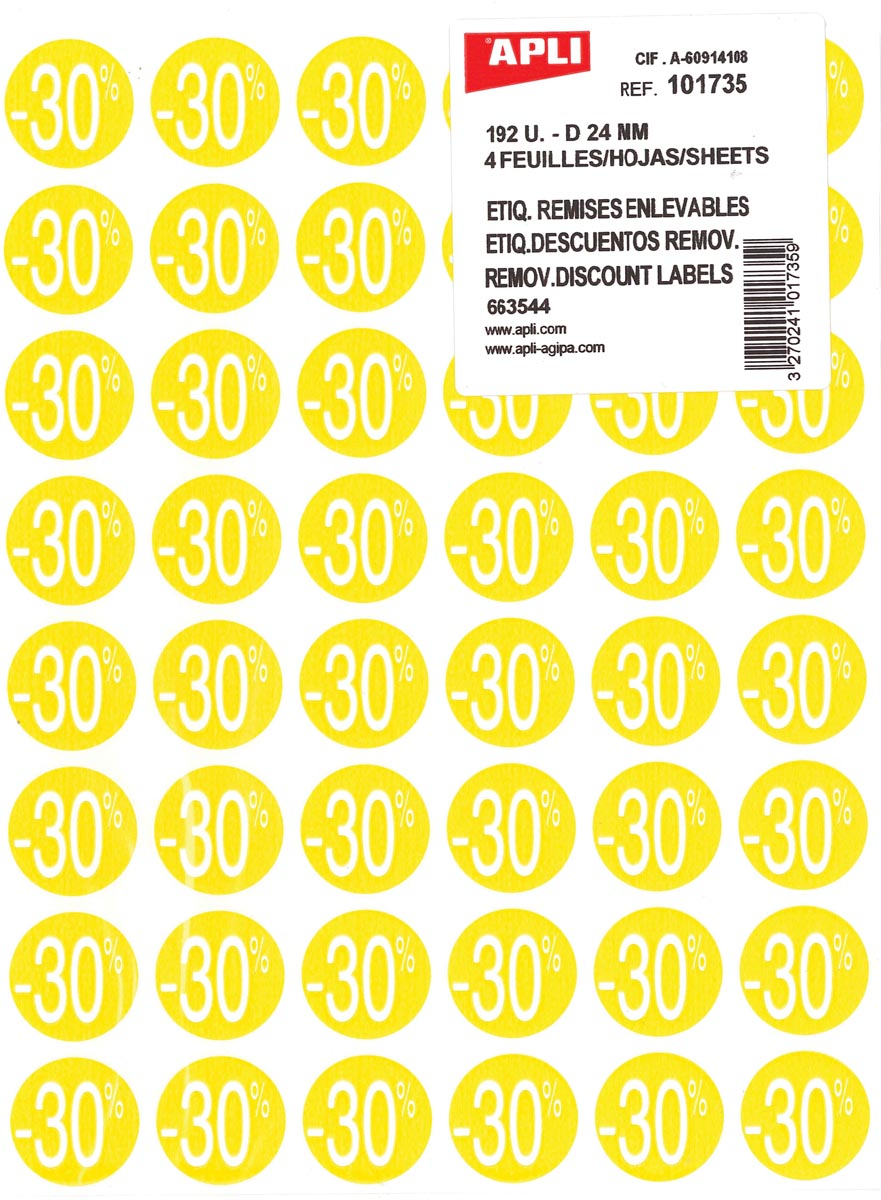 Agipa Kortinglabel -30%, geel, pak van 192 stuks, verwijderbaar