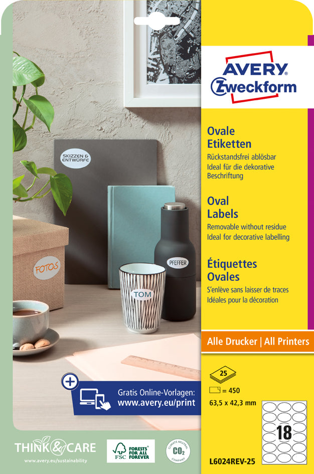 AVERY Zweckform Stick Lift Etiketten, 63,5 x 42,3 mm, ovaal