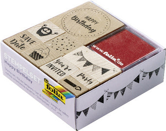 folia motief stempelset Gelukkige Verjaardag, gemaakt van hout, 11 stuks