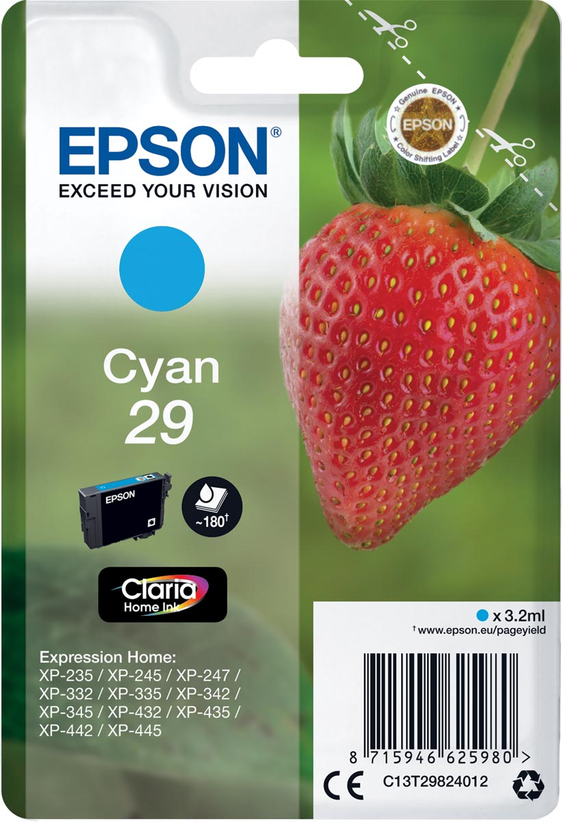 Epson inktcartridge 29, 180 pagina's, OEM C13T29824012, cyaan