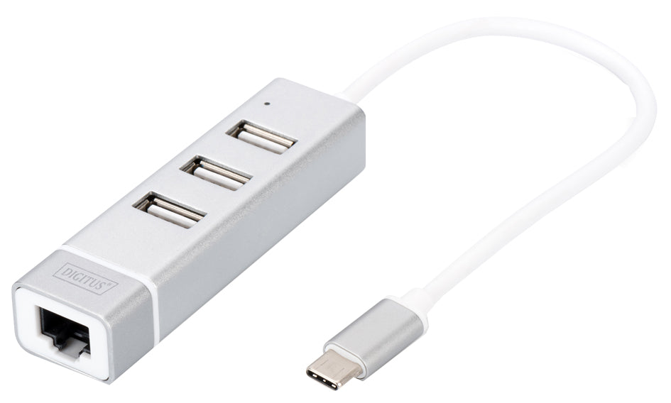 DIGITUS USB 2.0 naar Fast Ethernet Adapter, 3-poorts USB Hub