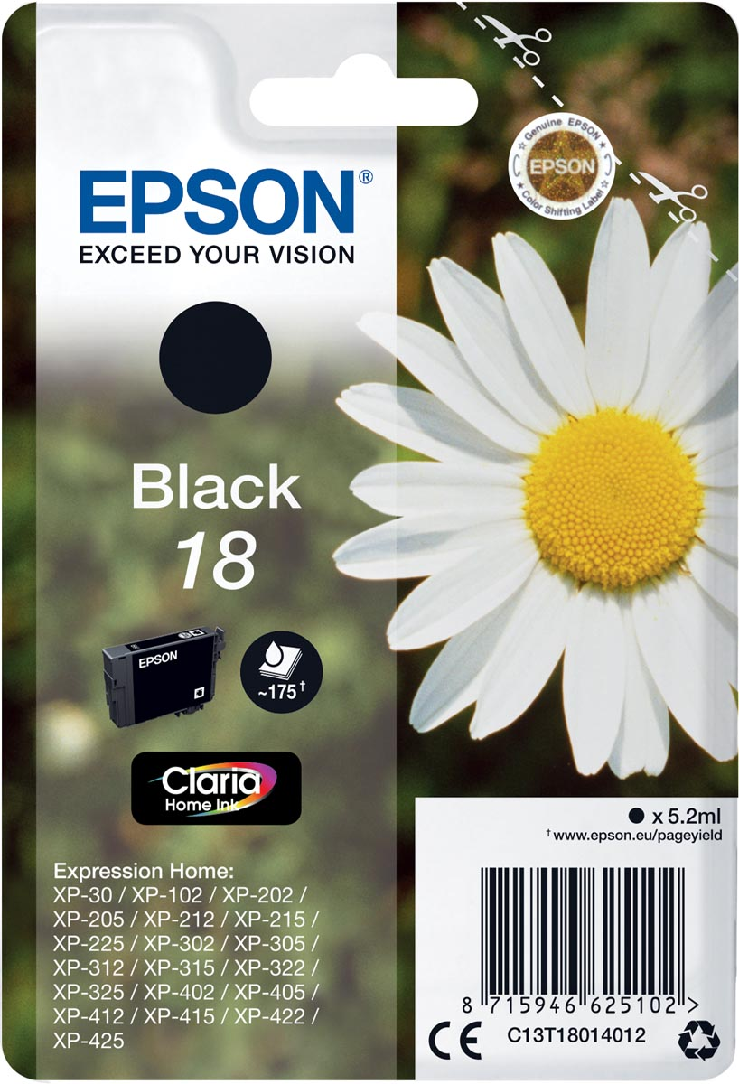 Epson inktcartridge 18, 175 pagina's, OEM C13T18014012, zwart