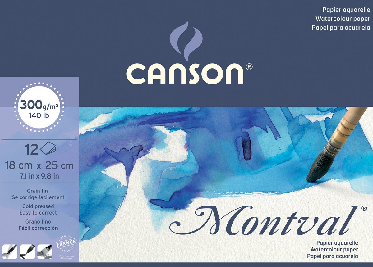 Montval aquarelpapier, wit met fijne korrel 300 g/m², ft 18 x 25 cm, blok met 12 vellen