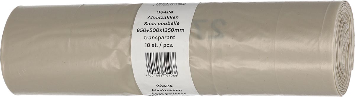 Deiss vuilniszak, ft 65 + 50 x 135 cm, transparant, LDPE, rol van 10 stuks