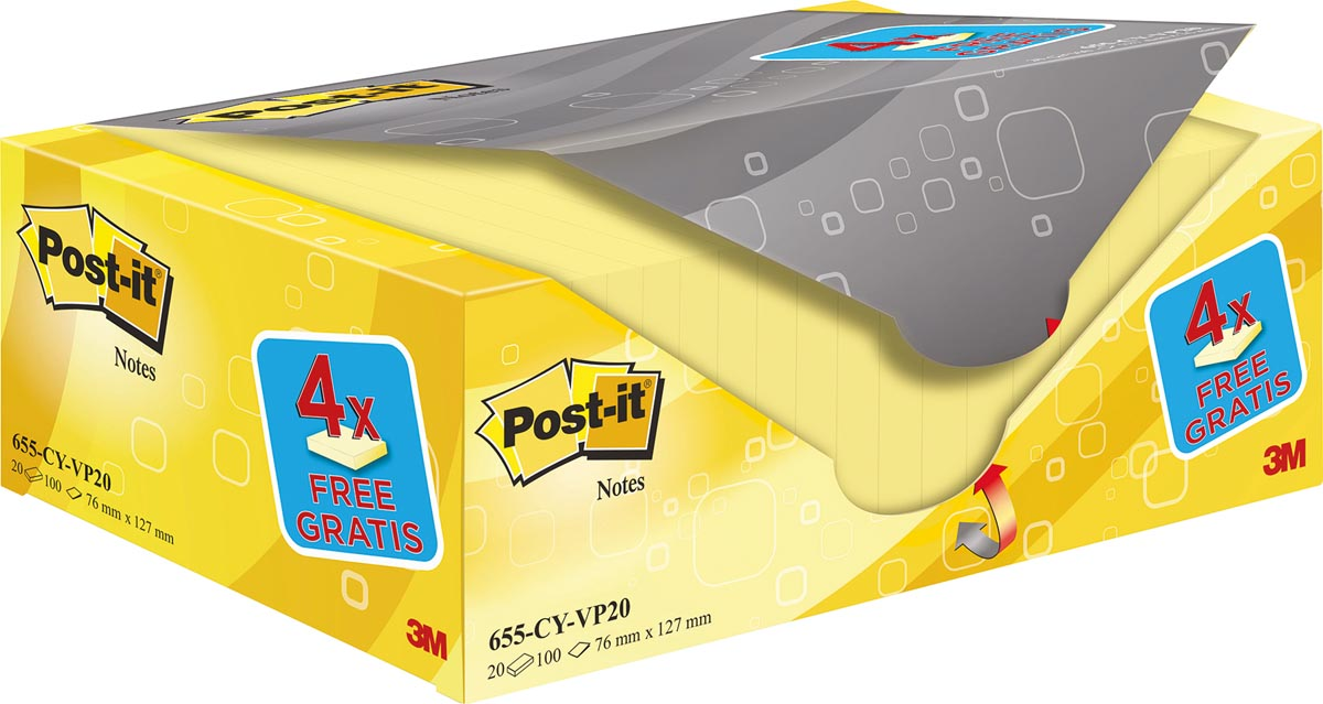 Post-it notes, 100 vel, ft 76 x 127 mm, geel, pak van 16 blokken + 4 gratis
