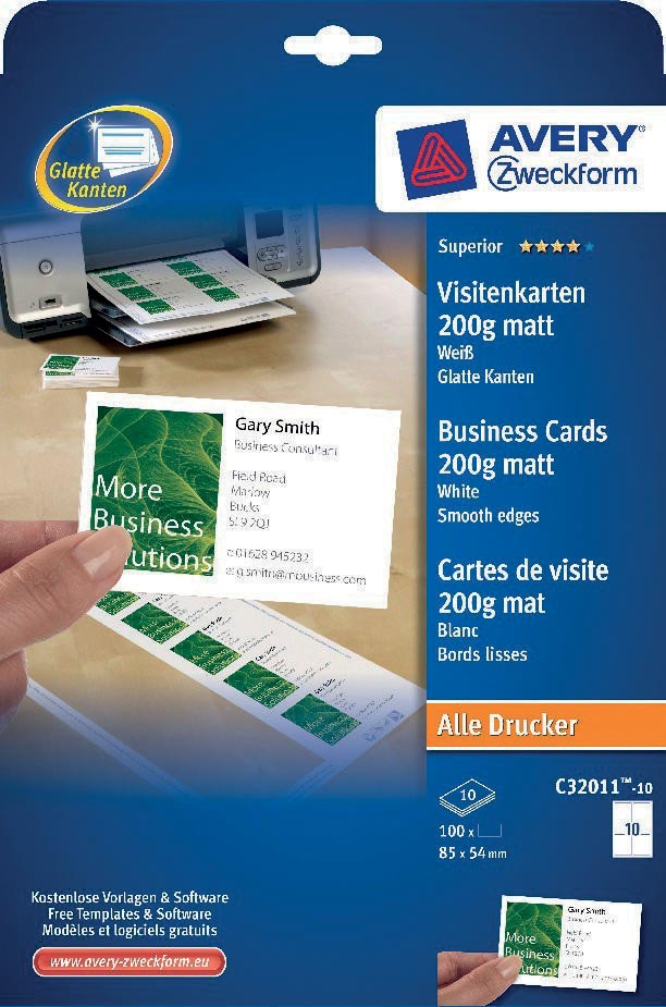 Avery visitekaarten 200 g/m², Ft 85 x 54 mm (10 per blad), doos van 10 blad