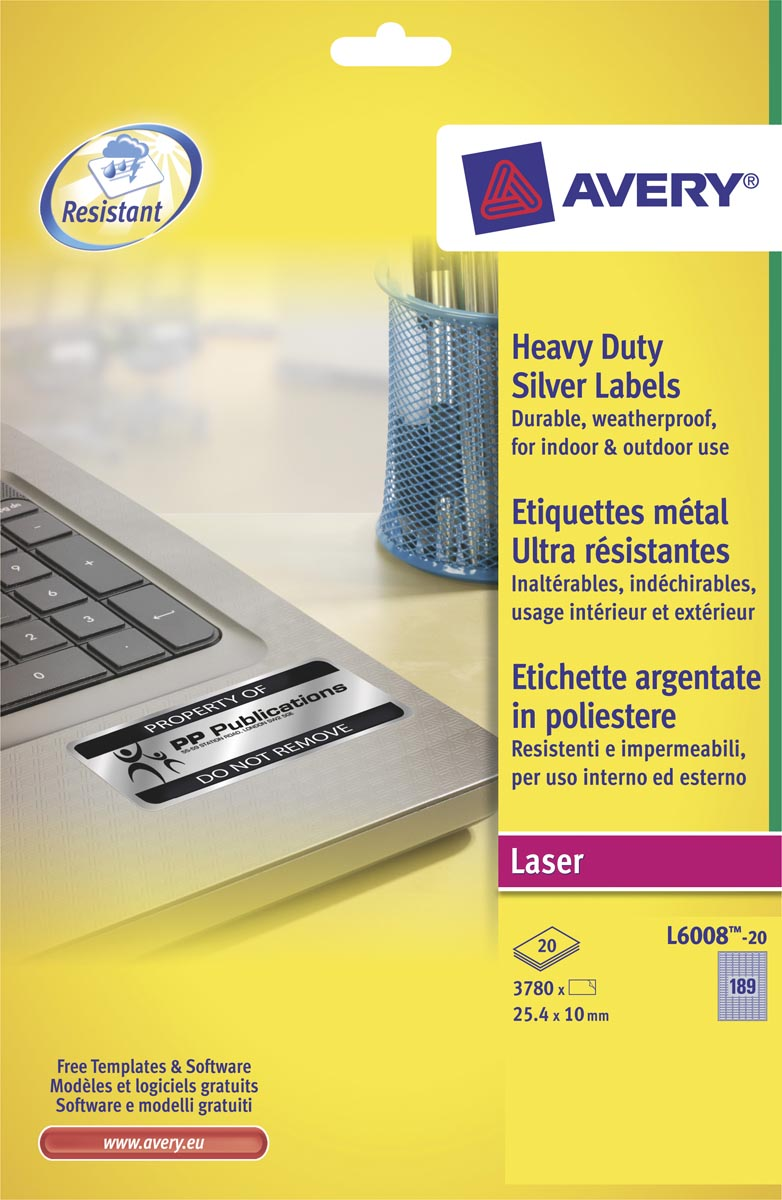 Avery ultra-sterke zilverkleurige etiketten ft 24,5 x 10 mm (b x h), 3.780 stuks, 189 per blad