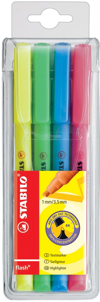 STABILO flash markeerstift, etui van 4 stuks in geassorteerde kleuren