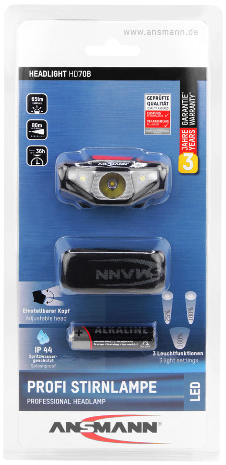 ANSMANN LED-hoofdlamp HD70B, 65 lumen, IP44, zwart