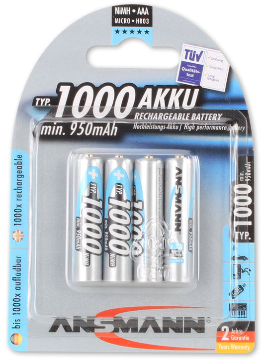 ANSMANN NiMH oplaadbare batterij Premium, Micro AAA, 1.000 mAh, blisterverpakking van 4