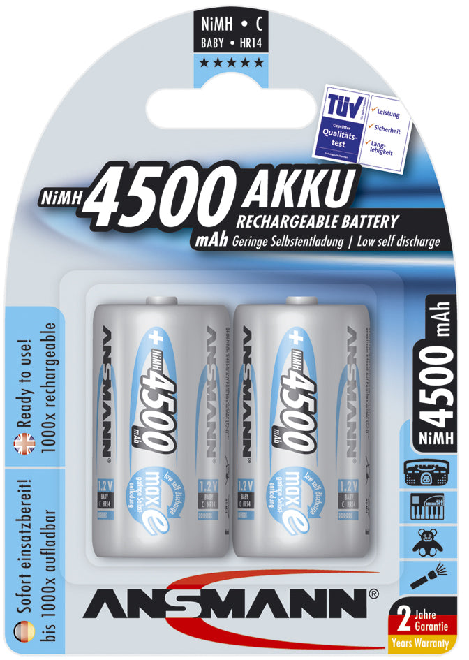 ANSMANN NiMH Akku max E, Baby (C), 4.500 mAh, 2er Blisterverpakking