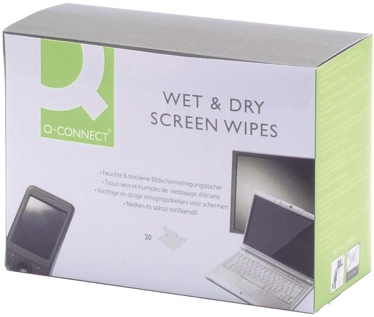 Q-Connect Wet & Dry beeldschermreinigingsdoekjes, doos van 20 paar (1 Wet en 1 Dry)