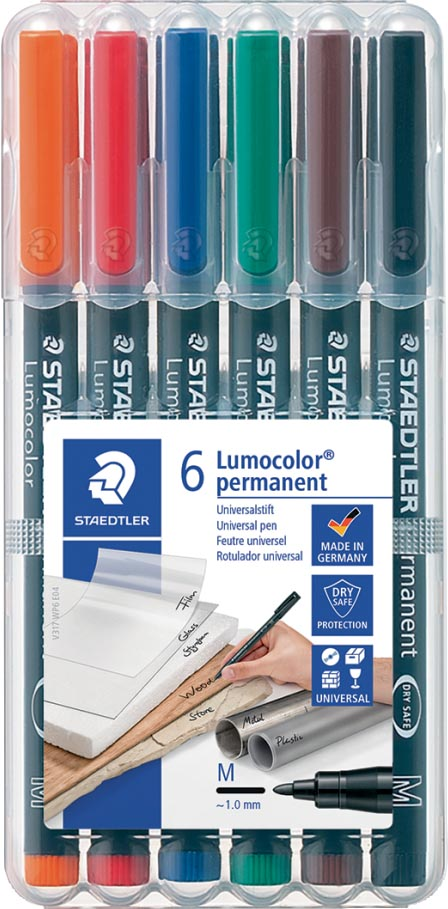 Staedtler Lumocoler 317, OHP-marker, permanent, 1,0 mm, etui van 6 stuks in geassorteerde klassieke kleur