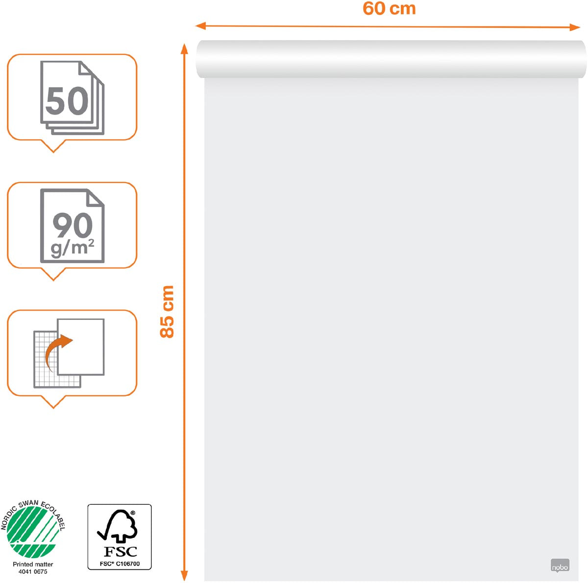 Nobo premium papierblok voor flipcharts, ft 60 x 85 cm, blok van 50 vel, op rol