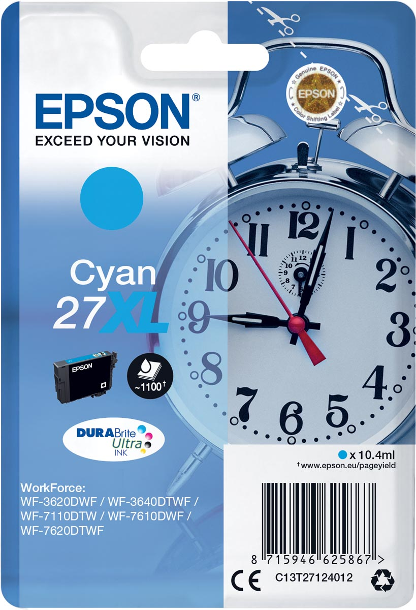 Epson inktcartridge 27XL, 1.100 pagina's, OEM C13T27124012, cyaan