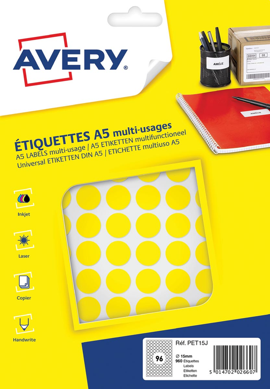 Avery PET15J ronde markeringsetiketten, diameter 15 mm, blister van 960 stuks, geel