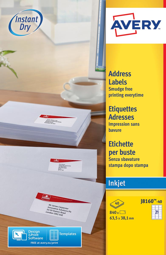 Avery J8160-40 adresetiketten ft 63,5 x 38,1 mm (b x h), 840 etiketten, wit