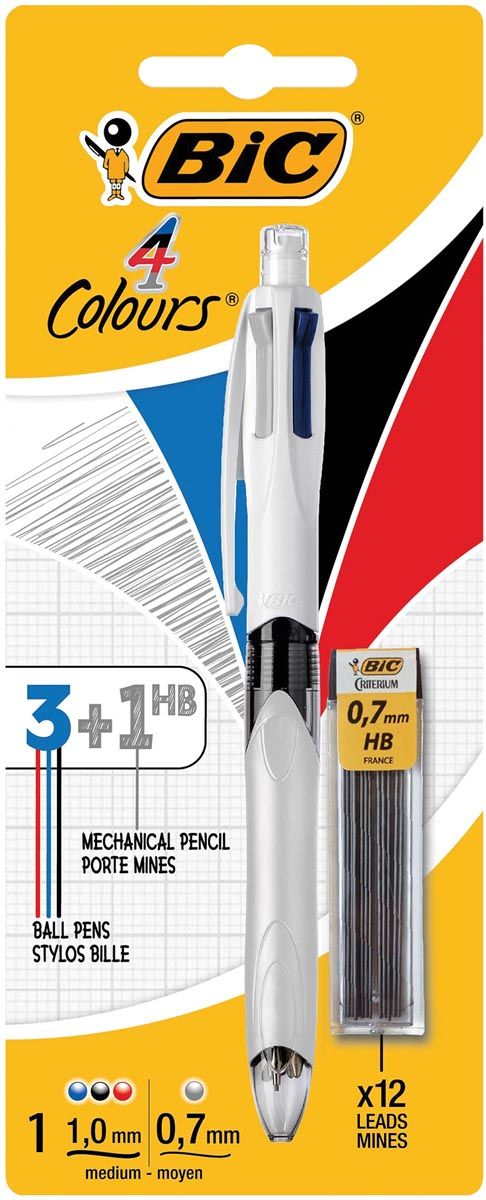 Bic 4 Colours 3 + 1 HB, balpen, 0,32 mm, 3 klassieke inktkleuren en een vulpotlood 0,7 mm HB, op blister