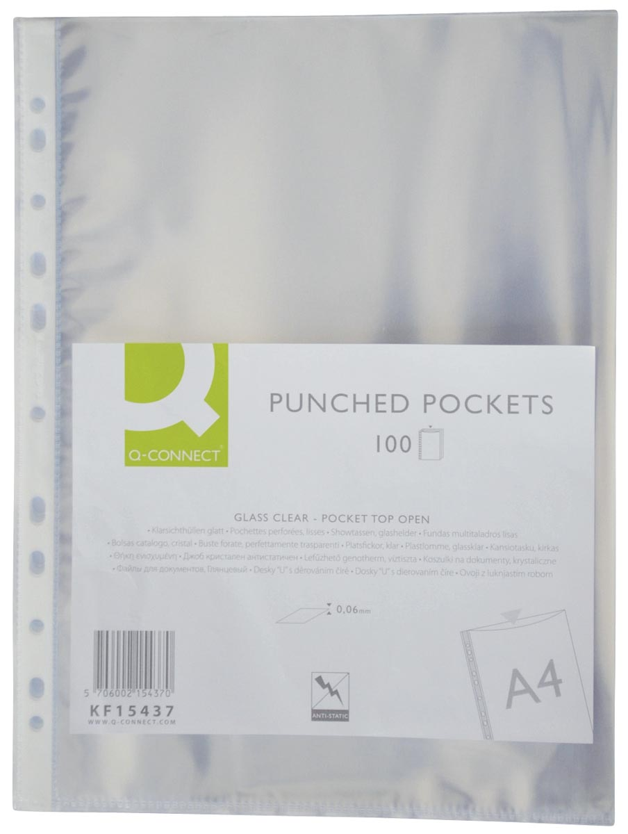 Q-Connect geperforeerde showtas 11-gaatsperforatie, glashelder, 60 micron, pak van 100 stuks