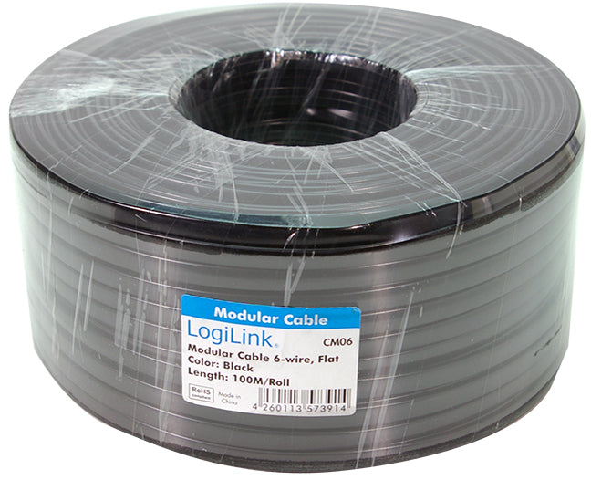 LogiLink telefoonkabel, 100 m, 6-aderig, plat, zwart