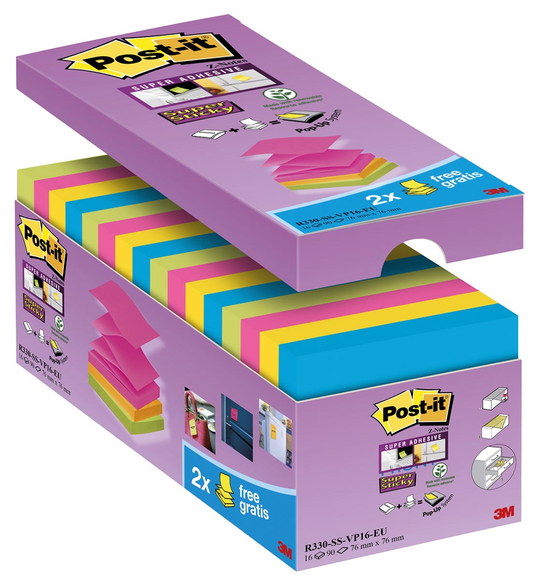 Post-it Super Sticky z-notes, 90 vel, ft 76 x 76 mm, doos van 14 + 4 gratis, geassorteerde kleuren