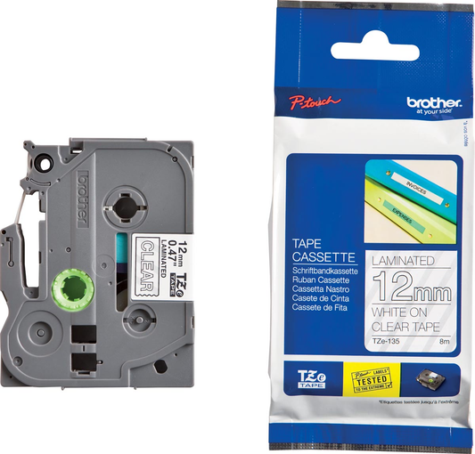 Brother TZe tape voor P-Touch 12 mm, wit op transparant