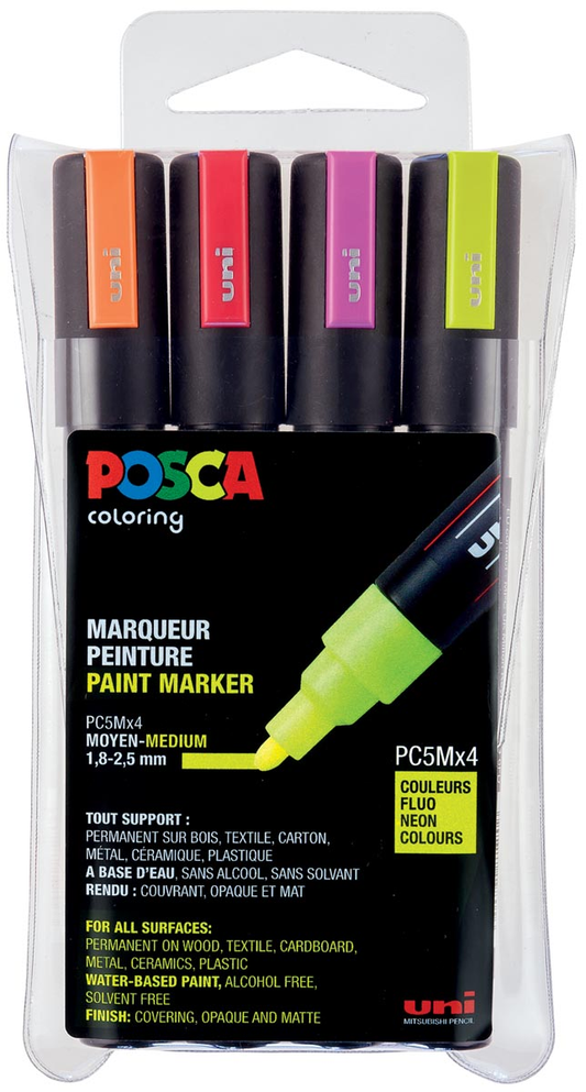 Posca paintmarker PC-5M, etui met 4 stuks in geassorteerde fluo kleuren