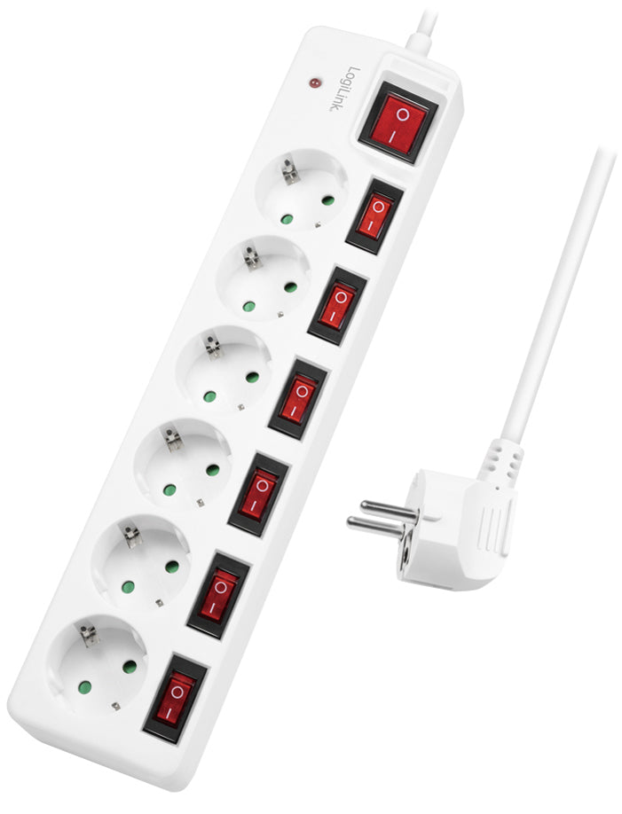 LogiLink stekkerdoos, 6-voudig met 7 schakelaars, wit