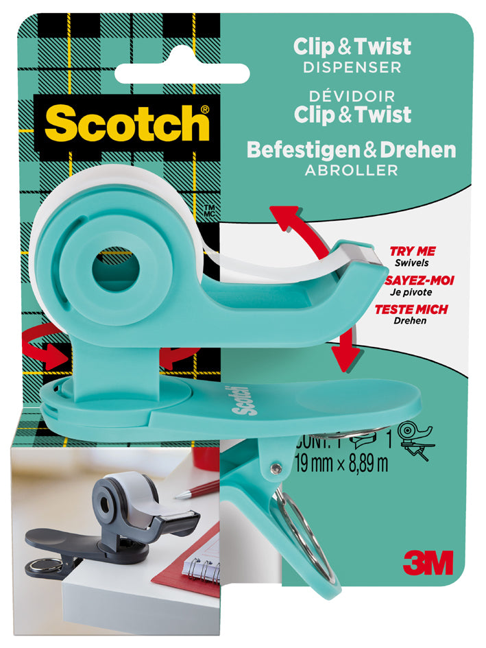 Scotch Hand Dispenser Clip & Twist, donkergrijs, op voorraad