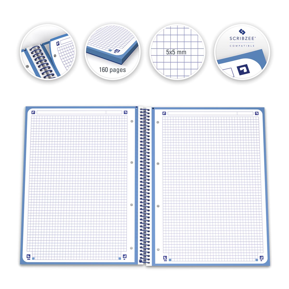Oxford School Classic Europeanbook spiraalblok, ft A4+, 160 bladzijden, geruit 5 mm, donkerblauw