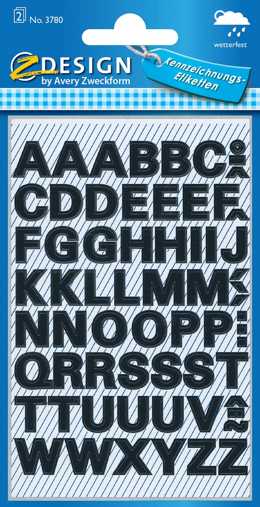 Avery Etiketten, letters A-Z, 2 blad, zwart, waterbestendige folie