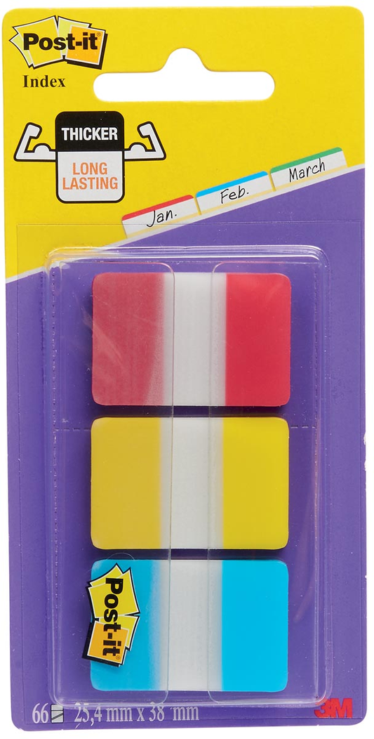 Post-it Index Strong, ft 25,4 x 38 mm, set van 3 kleuren (rood, geel en blauw), 22 tabs per kleur
