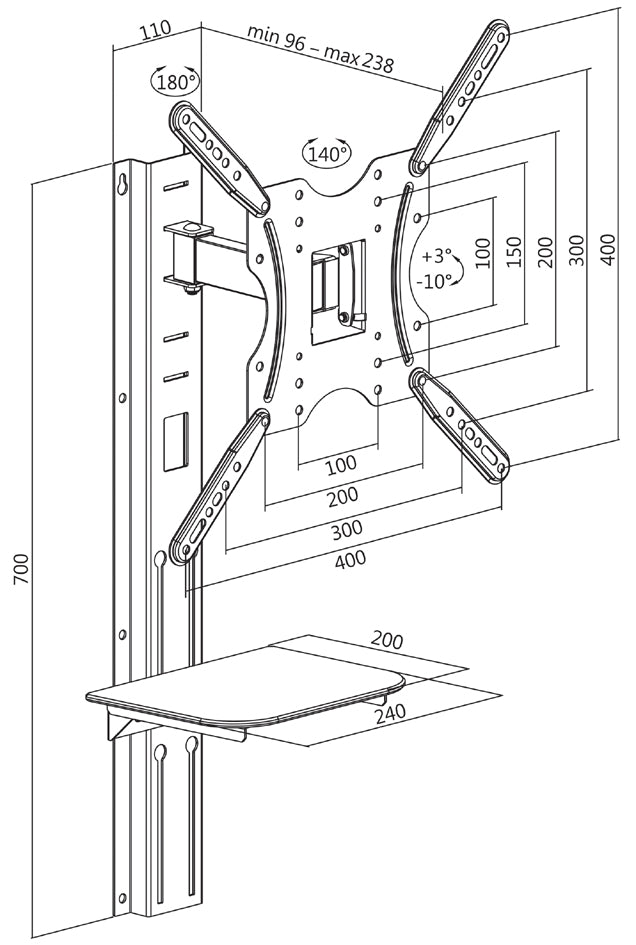 LogiLink TV muurbeugel met plank, voor 81,28 - 139,7 cm