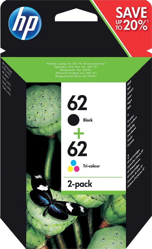 HP inktcartridge 62, 165-200 pagina's, OEM N9J71AE, 1 x zwart en 1 x 3 kleuren