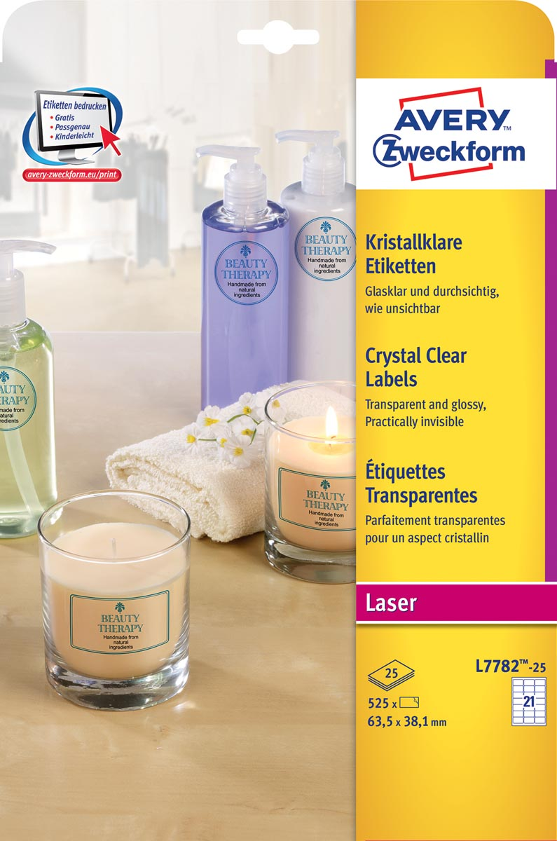 Avery transparante Crystal Clear etiketten ft 63,5 x 38,1 mm, 525 etiketten, 21 per vel