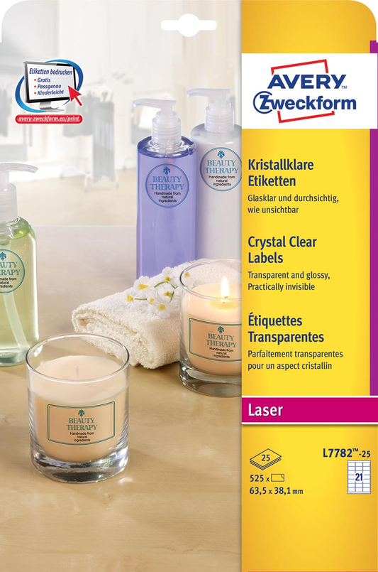 Avery transparante Crystal Clear etiketten ft 63,5 x 38,1 mm, 525 etiketten, 21 per vel