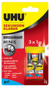UHU secondelijm blitzschnell MINIS GEL, 3 tubes à 1 g