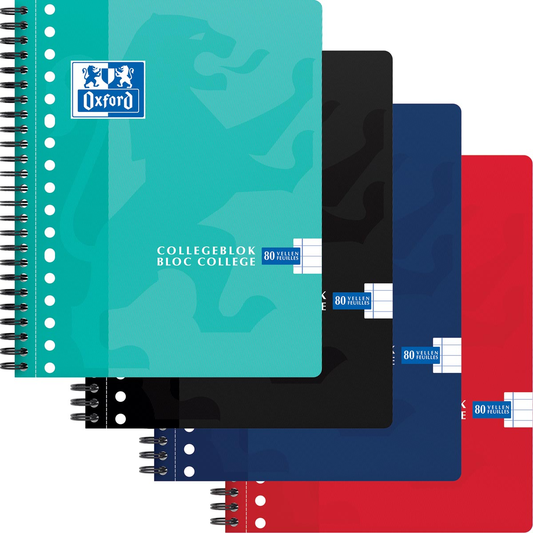 Oxford School collegeblok, ft A5+, 160 bladzijden, 17 gaatjes, kantlijn, gelijnd, geassorteerde kleuren