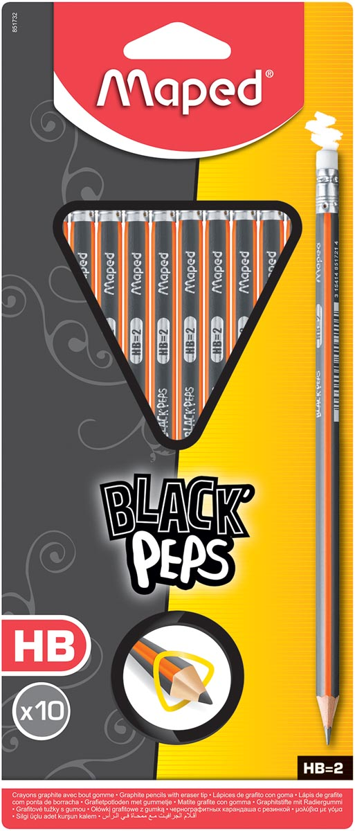 Maped Black'Peps potlood HB, met gum, kartonnen ophangetui met 10 stuks