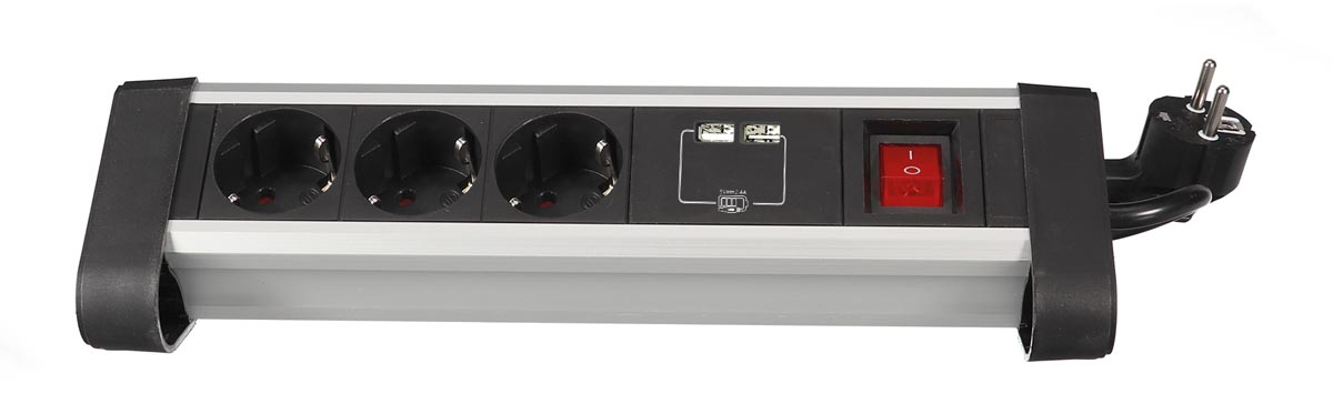 Perel desktop contactdoos met 3 stopcontacten, 2 USB-poorten en schakelaar, zwart, voor Nederland