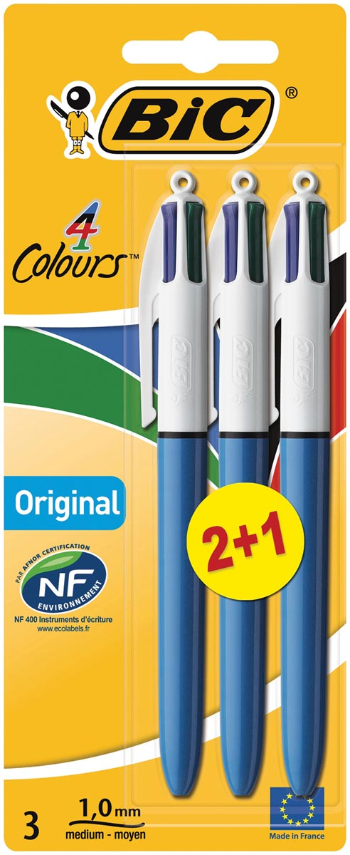 Bic 4 Colours Original, balpen, 0,32 mm, 4 klassieke inktkleuren, blauw, op blister 2+1 gratis