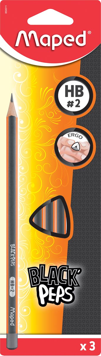 Maped potlood Black'Peps HB, blister van 3 stuks, zonder gum