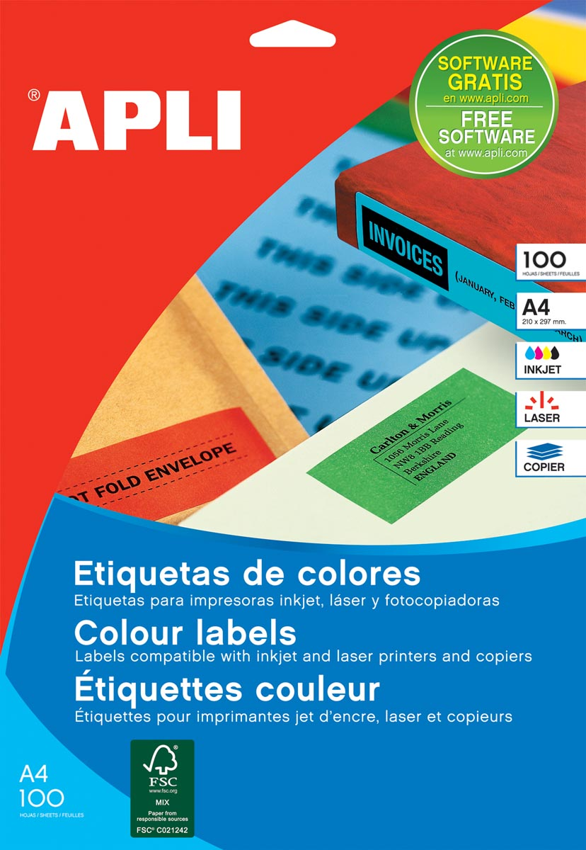 Apli Gekleurde etiketten ft 210 x 297 mm (b x h), geel, 100 stuks, 1 per blad
