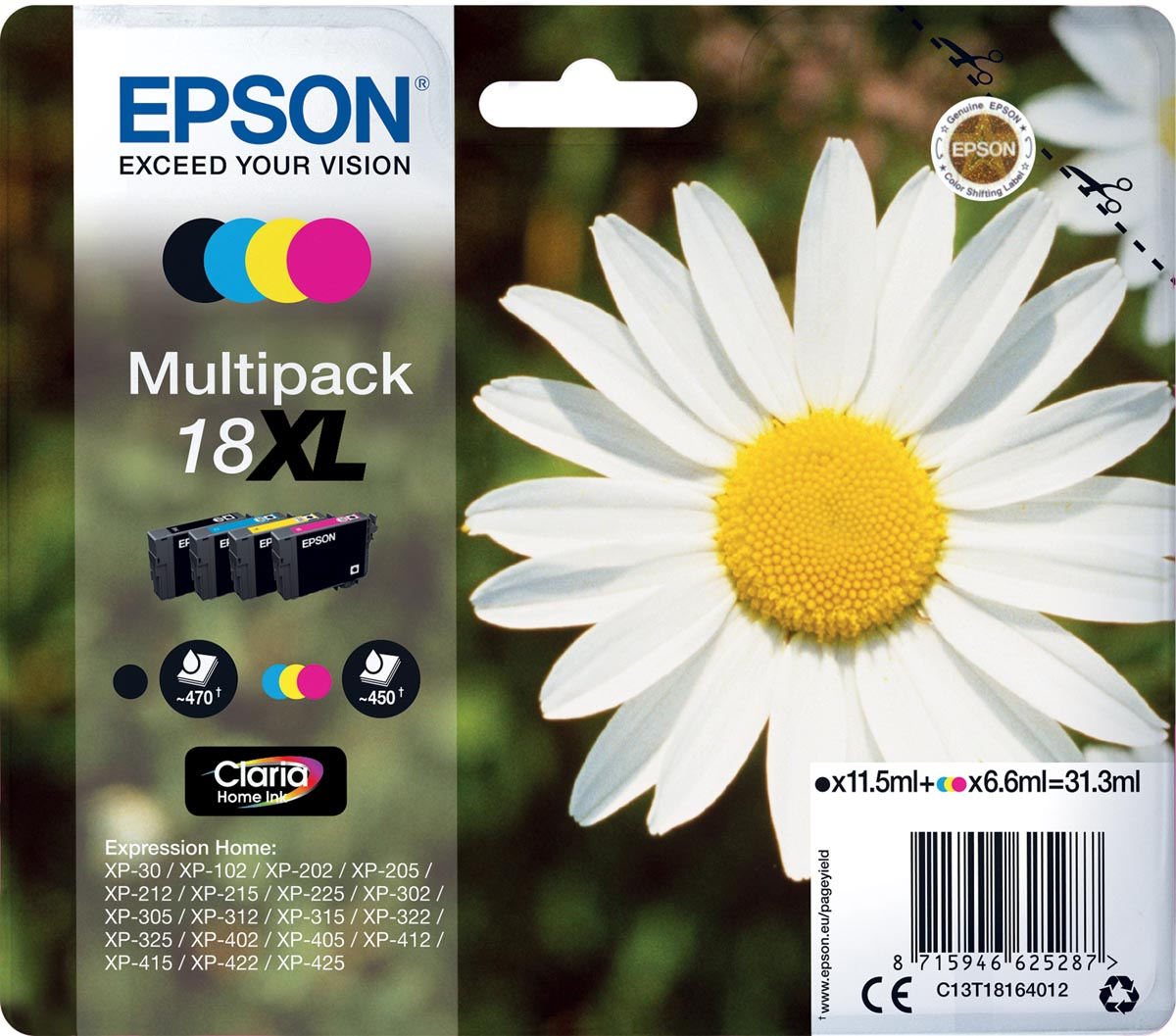 Epson inktcartridge 18XL, 450 pagina's, OEM C13T18164012, 4 kleuren