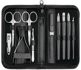 Clauss manicure set, in leren etui, 10 stuks, zwart