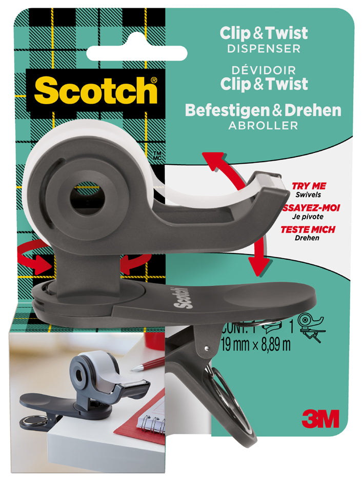 Scotch Hand Dispenser Clip & Twist, donkergrijs, op voorraad