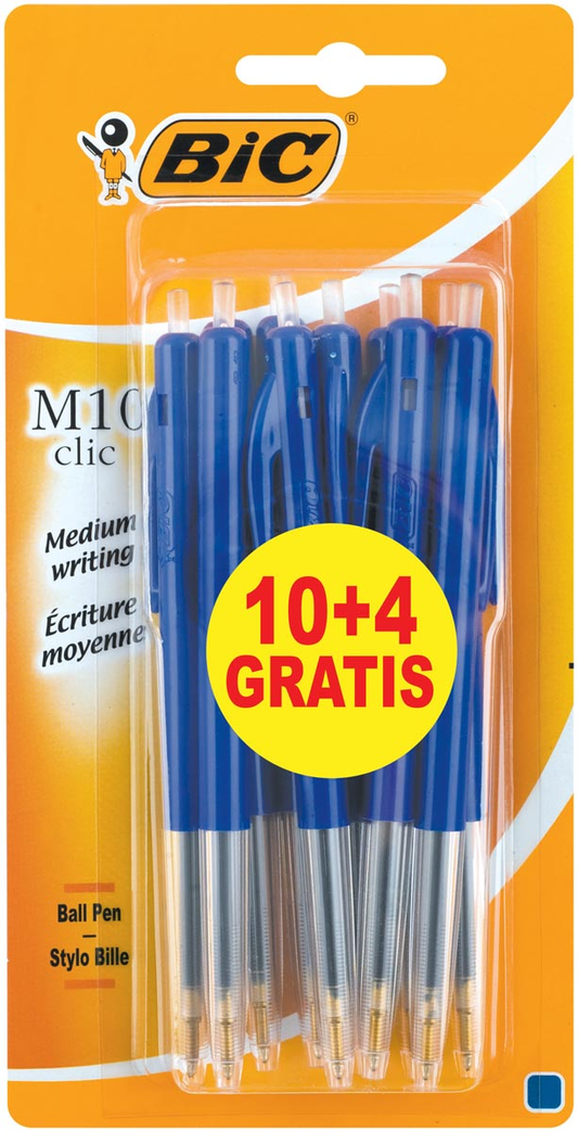 Bic balpen M10 Clic, 0,4 mm, medium punt, bleu, blister 10 stuks + 4 gratis